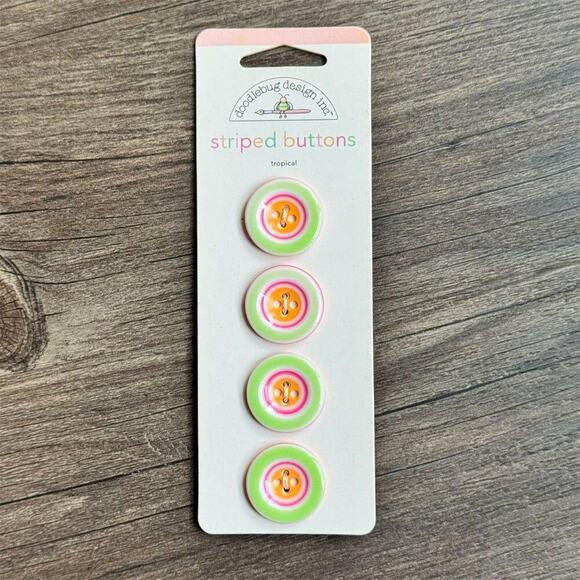NEW Vintage Y2K Doodlebug Tropical Striped Buttons Set of 4 Green Pink Orange - Picture 1 of 4